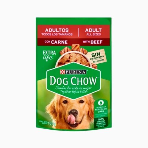 POUCH DOG CHOW ADULTO TODOS LOS TAMAÑOS SABOR CARNE SACHET 100 GR
