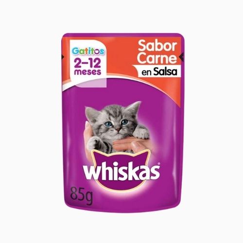 POUCH WHISKAS GATO CACHORRO SABOR CARNE EN SALSA SACHET 85 GR